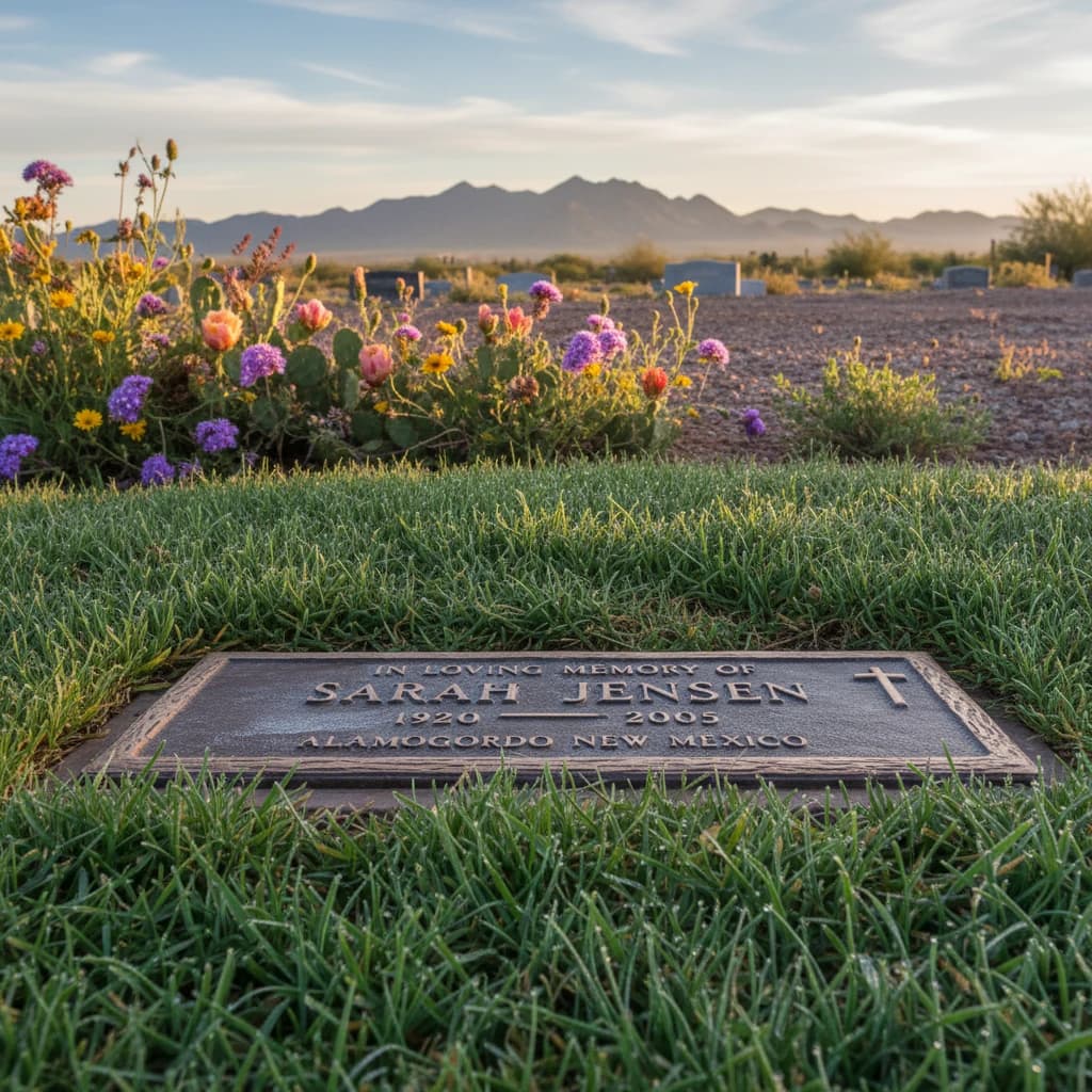 Flat granite grave marker with bronze plaque in cemetery grass