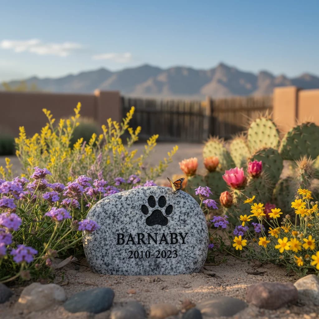 Small granite pet memorial stone with paw print engraving